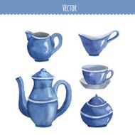 Set of watercolor ware Teapot cup milk seller sugar bowl