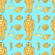 Sketch vintage diving suit and sea creatures