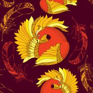 Seamless pattern with Mythological Firebird and ornate feathers