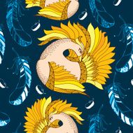 Seamless pattern with Mythological Firebird and decorative feathers