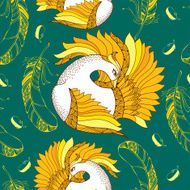 Seamless pattern with Mythological Firebird and gold feathers