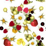 Floral seamless pattern with strawberry blackberry berries and