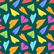 Seamless pattern with colored paper planes against the dark-green
