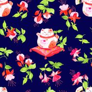 Navy background with chinese fuchsia and lucky cats