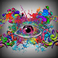 Colorful Magic eye with music signs on background