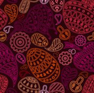 Orange-pink pattern with leaves birds and mushrooms
