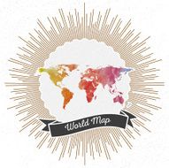 World map with vintage style star burst colorful rainbow watercolor
