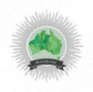 Australia map with vintage style star burst green watercolor background