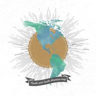 North and south America map with vintage style star burst