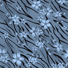 Blue flowers on tiger wild skin leather seamless pattern background
