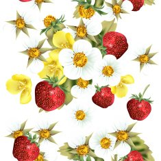 Floral seamless pattern with strawberry berries and flowers