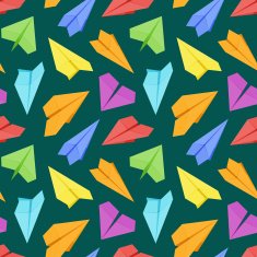 Seamless pattern with colored paper planes against the dark-green