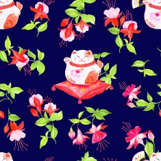 Navy background with chinese fuchsia and lucky cats