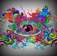 Colorful Magic eye with music signs on background
