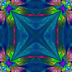 Symmetrical multicolored flower pattern in stained-glass window N12