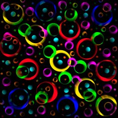 Colored circles and rings on a black background