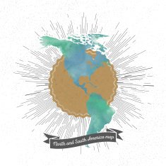 North and south America map with vintage style star burst