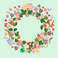 Vector Vintage Round Frame with Floral field and strawberries N2