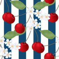 Seamless pattern with cherry and flowers on striped background N2
