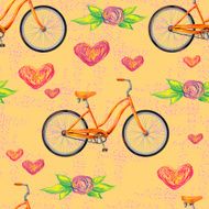 Seamless pattern with bicycle flowers and love hearts