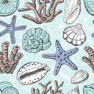 Seamless pattern with shells coral and starfish N2