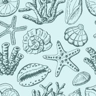 Seamless pattern with shells coral and starfish on blue background N2