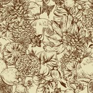 Vintage Monochrome Seamless Background Tropical Fruit Flowers Butterfly and Birds