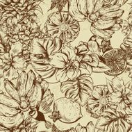 Vintage Monochrome Seamless Background Tropical Fruit Flowers Butterfly and Birds N2