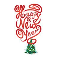 Happy New Year greeting card with fir tree Typed poster