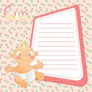 Baby with frame for your text on seamless pink background N2