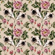 Seamless pattern with flowers and birds skull Watercolor illustration N2