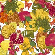 Vintage Seamless Background Tropical Fruit Flowers Butterfly and Birds