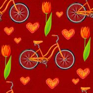 Seamless pattern with spring-flowering plant tulips love hearts and bicycle