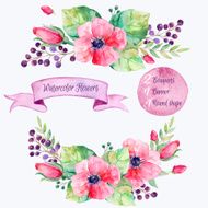 Colorful floral collection with leaves and flowers drawing watercolor N2