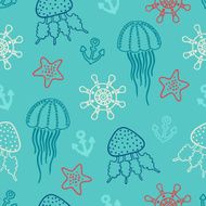Seamless pattern with sea animals anchors and helms