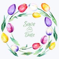 Vector round made of watercolor tulips flowers Spring-summer botanical elements