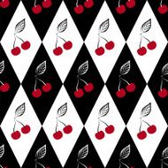 Seamless pattern with cherries on black and white