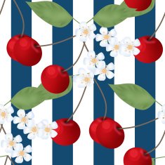 Seamless pattern with cherry and flowers on striped background N2