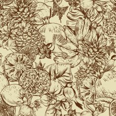 Vintage Monochrome Seamless Background Tropical Fruit Flowers Butterfly and Birds