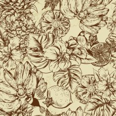 Vintage Monochrome Seamless Background Tropical Fruit Flowers Butterfly and Birds N2