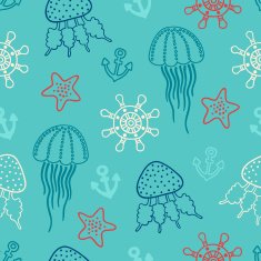 Seamless pattern with sea animals anchors and helms