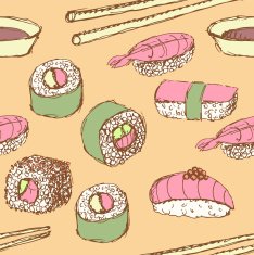 Sketch sushi rolls in vintage style