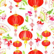 Oriental culture objects watercolor seamless vector pattern