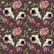 Seamless pattern with flowers and birds skull Watercolor illustration N4