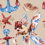 Seamless pattern with gold fish anchor sea shell Watercolor illustration