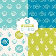 Collection of seamless patterns with cute pets Fish shell algae