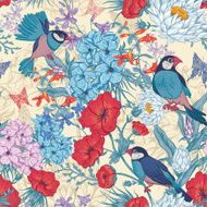 Retro Summer Seamless Floral Pattern with Birds and Butterflies
