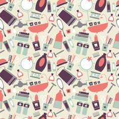 Seamless pattern with decorative bathroom and cosmetics elements