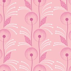 Seamless pattern with dandelion in pink and dots