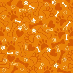 Seamless pattern with dog paw print bone and hearts